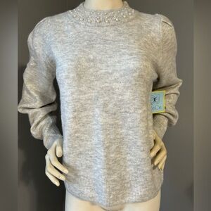 NWT CeCe Light Gray Knit Sweater with Pearl Details at Neckline